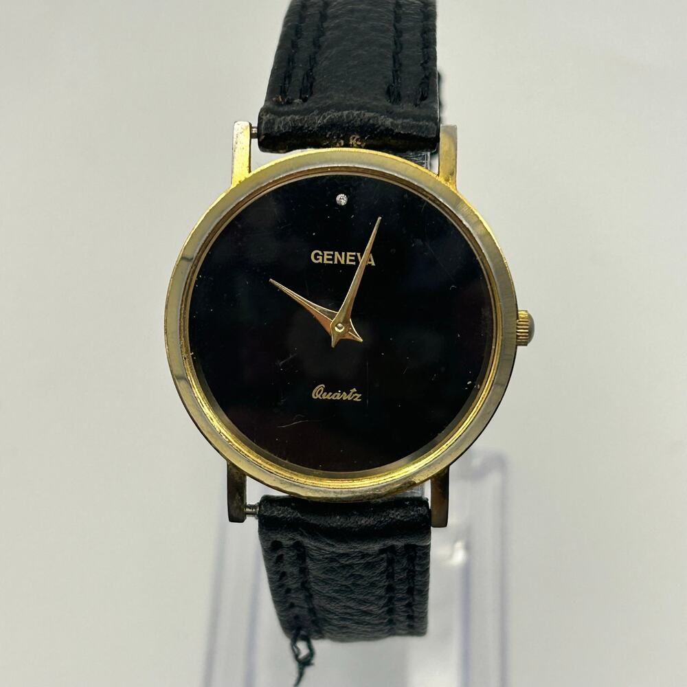 Geneva Gold-tone Black Dial & Leather Strap Minimalist Watch Working